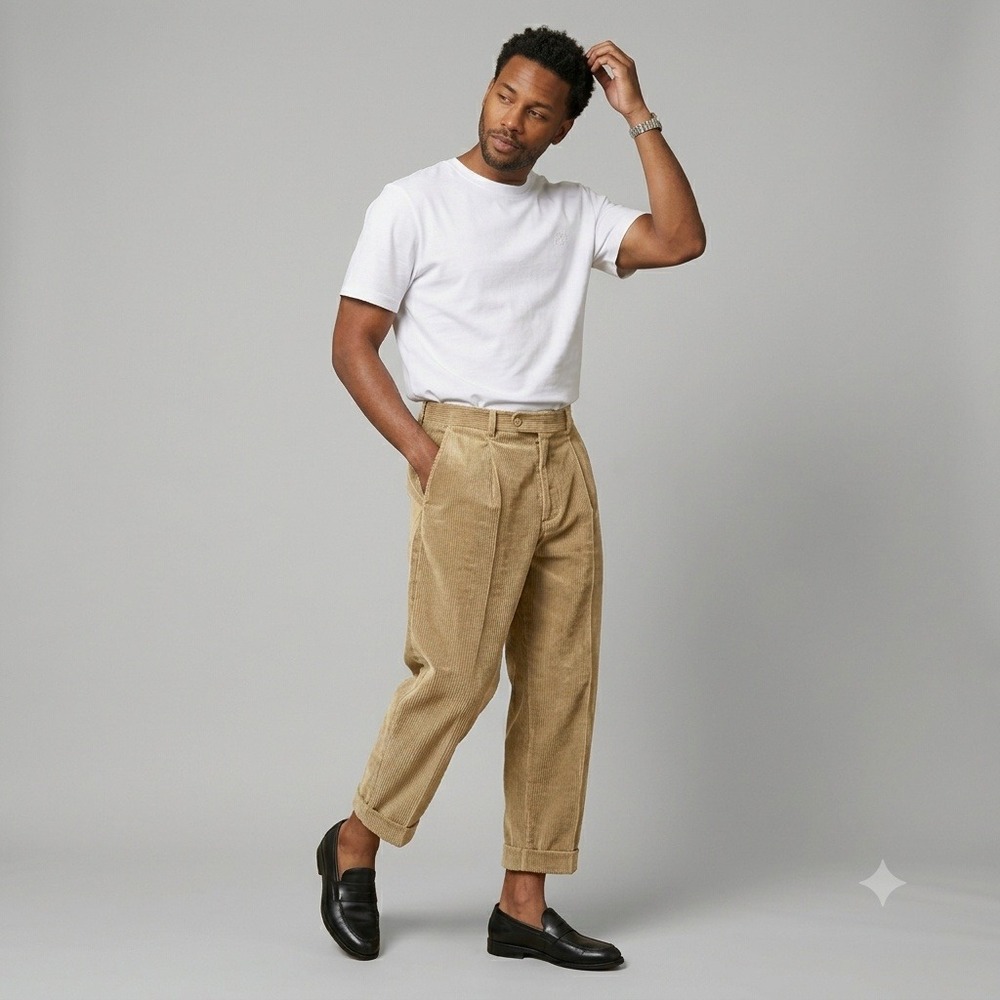Ami Alexandre Mattiussi Mens Tan Pleated Corduroy Cropped Trousers XL/34 $435